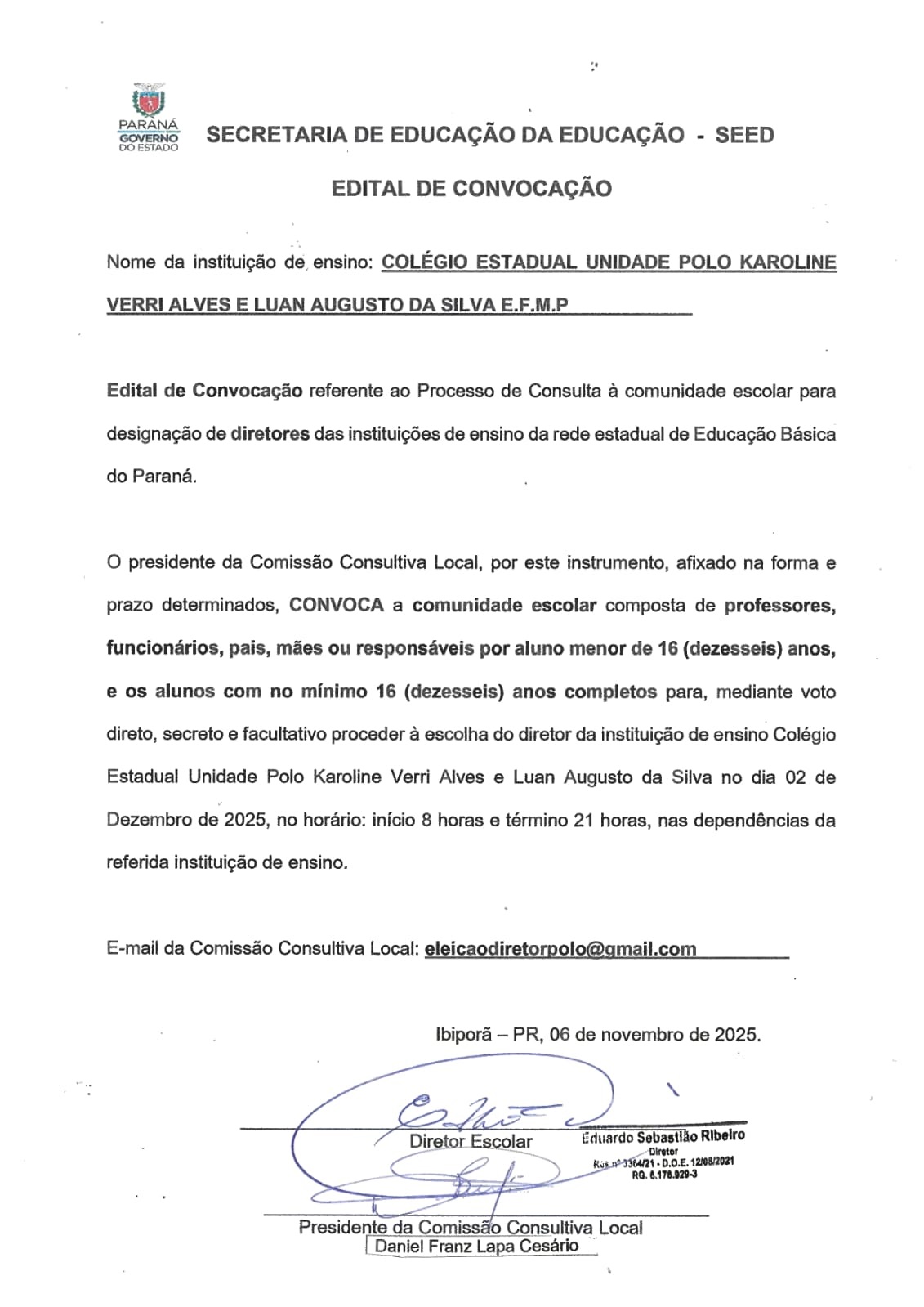 convocacao eleicao diretor